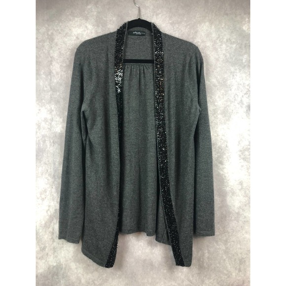 CASHMERE SAKS FIFTH AVENUE BEADED CARDIGAN SWEATER  OPEN FRONT BLACK SIZE LARGE - Picture 1 of 12